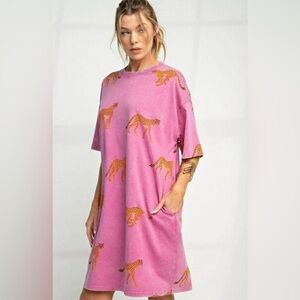 NEW Easel Mineral Wash Pink‎ Cheetah T-shirt Shift Dress Pockets Sz L